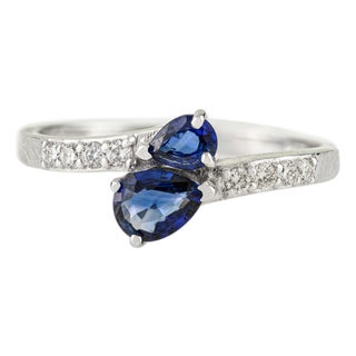 Two Stone Pear Cut Sapphire & Diamond Bypass Ring in 14k Solid Gold Size 5 For Sale