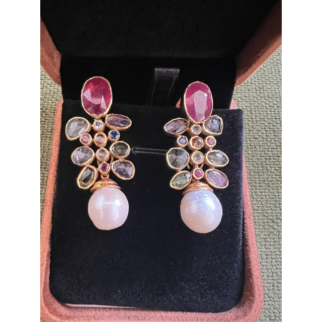 Bochic "Capri" Vintage Ruby & Rose Cut Sapphire Earrings Set 18K Gold & Silver For Sale - Image 9 of 18