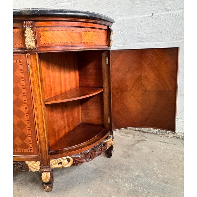 Antique French Style Inlaid Wood Carved Marble Top Demilune Server For Sale - Image 10 of 14