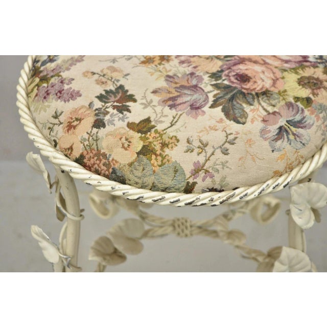 Mid 20th Century Vintage Italian Hollywood Regency White Metal Rope Floral Vanity Bench Stool For Sale - Image 5 of 11