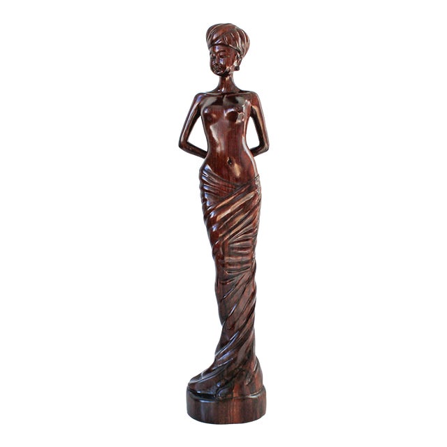 Vintage Hand Carved Female Asian Wood Sculpture For Sale