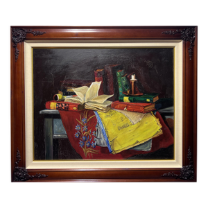 Mid 20th Century Antique Oil Painting on Canvas Still Life, Books, Candle, Signed Azuquita Framed