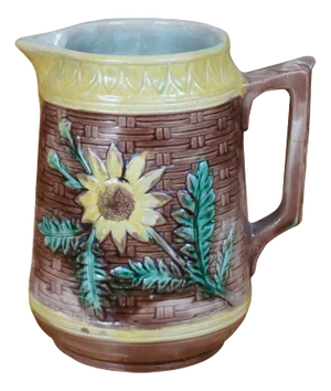 Antique Majolica Floral Sunflower Dogwood Basketweave Creamer Pitcher Jug