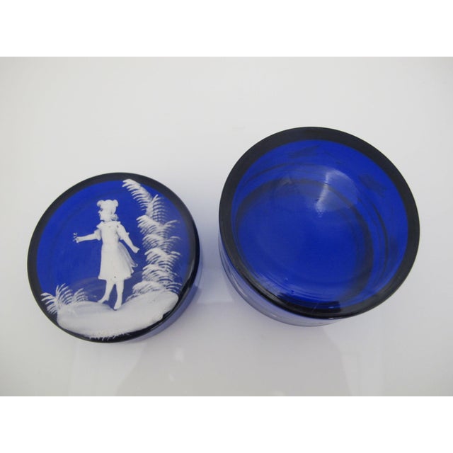 Glass Mary Gregory Cobalt Blue Glass Enamel Painted Girl With Flower Round Trinket Box For Sale - Image 7 of 14