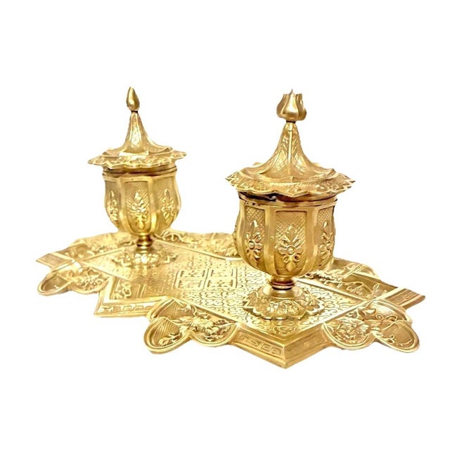 Traditional Victorian Era Aesthetic Movement French Solid Brass Antique Double Inkwell With Porcelain Inserts, ca.1880 For Sale - Image 3 of 11