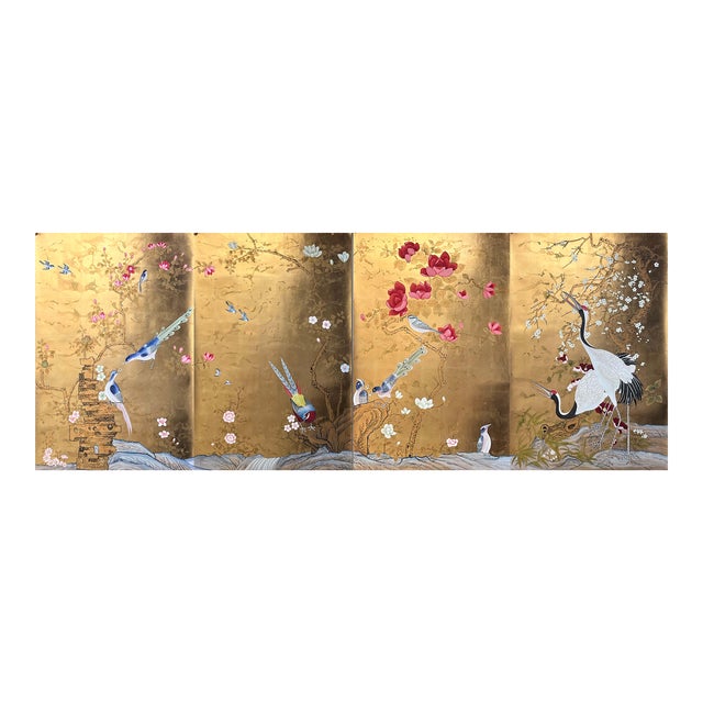 Japanese Garden Hand Painted Wallpaper on Gold Panel - 4 Panels For Sale