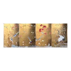 Japanese Garden Hand Painted Wallpaper on Gold Panel - 4 Panels