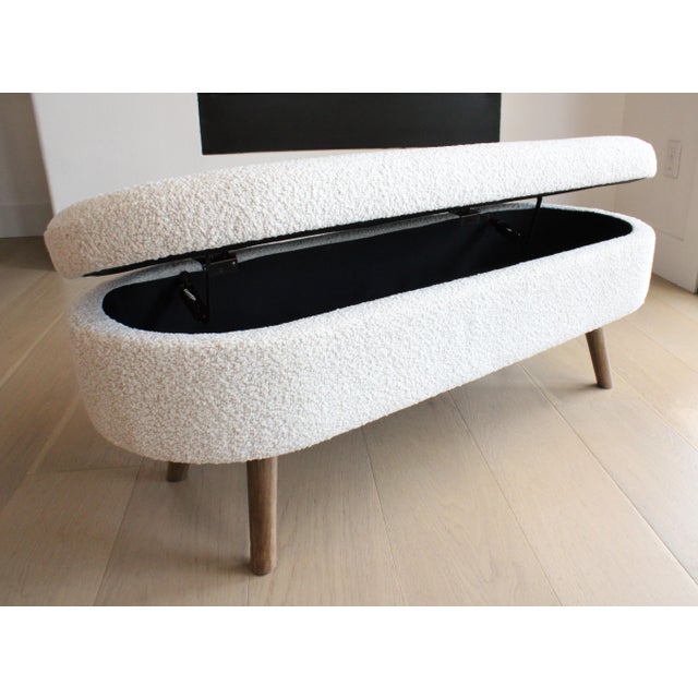 Mid-Century Modern Contemporary Plush Off-White Boucle Ottoman/Wood Legs For Sale - Image 3 of 5