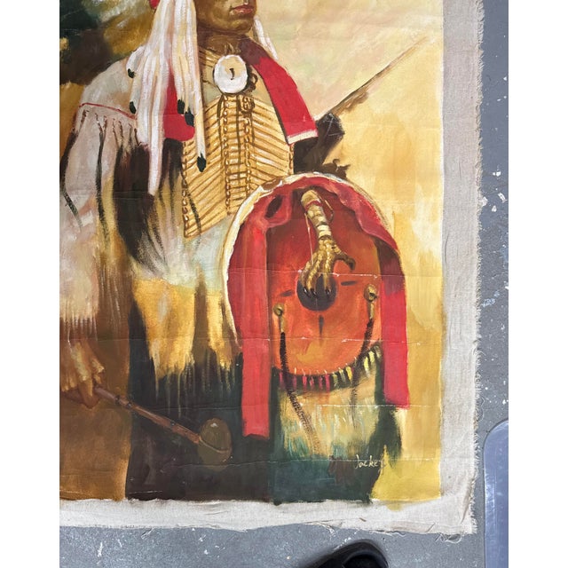 Large Vintage Original Apache Native Indian Chief Oil Painting Portrait / Canvas For Sale - Image 9 of 12