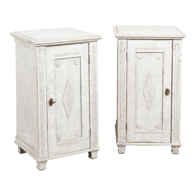 Pair of 19th Century Swedish Gustavian White Painted Cabinets Nightstands For Sale