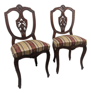 Late 20th Century Pair of French Louis XV Style Carved Walnut Side Chairs With Burgundy & Gold Damask Upholstery
