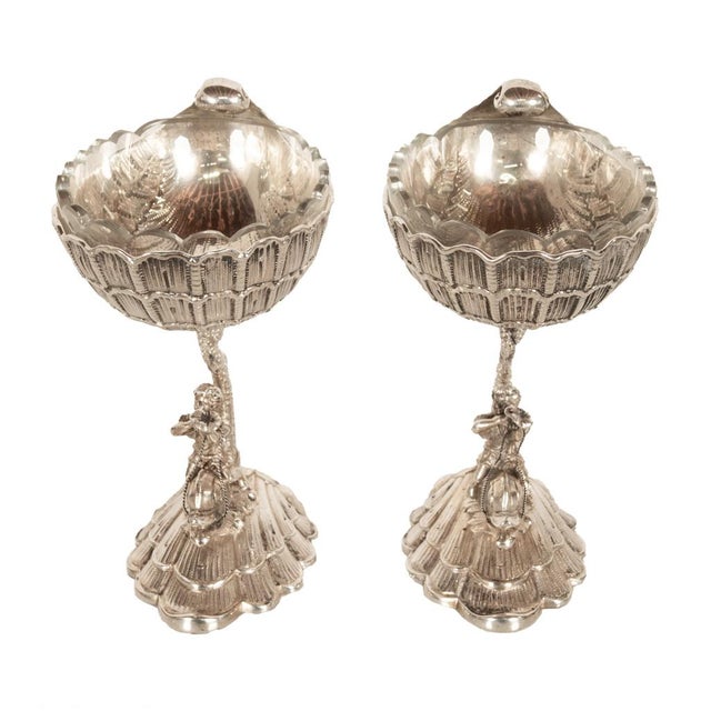 Antique Pair German Silver Master Salts Grotto Shells Putti Dolphins Hannau 1890 For Sale - Image 11 of 17