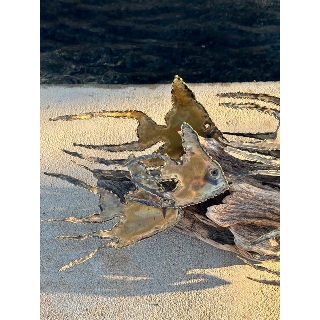 Mid-Century Modern Mid-Century Curtis Jeré Style Brutalist Metal Fish Sculpture on Driftwood For Sale - Image 3 of 7