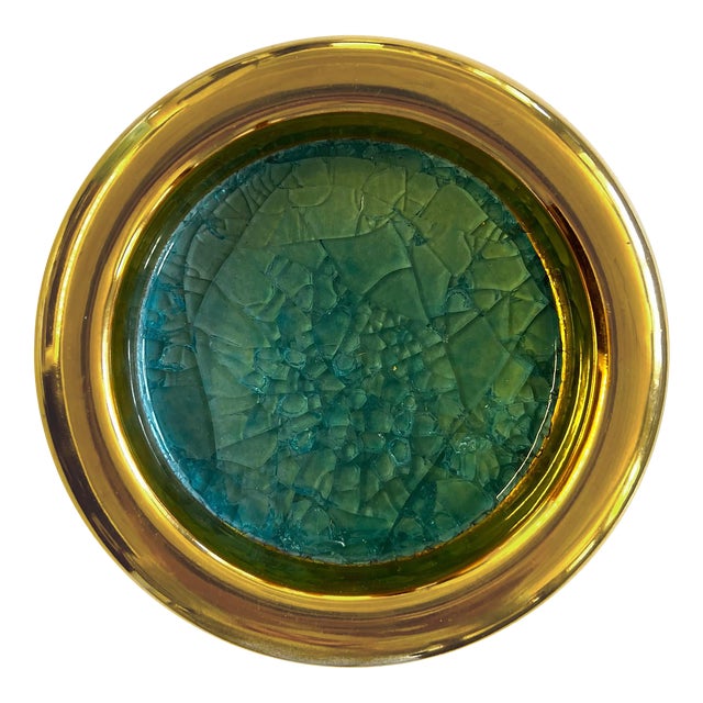 Gold-Tone and Blue Cracked Glass Waylande Gregory Ashtray For Sale