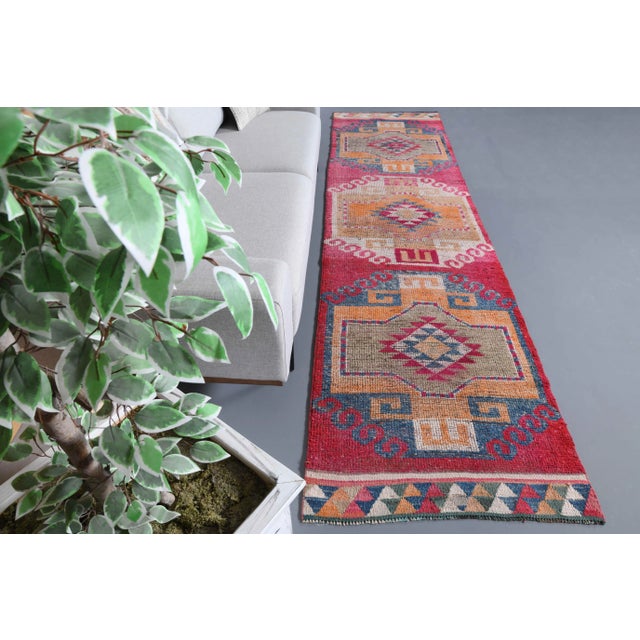 Vintage Turkish Hand-Knotted vintage rug is a semi-antique vintage runner rug.'70s Eastern region of Turkey's unique rug...