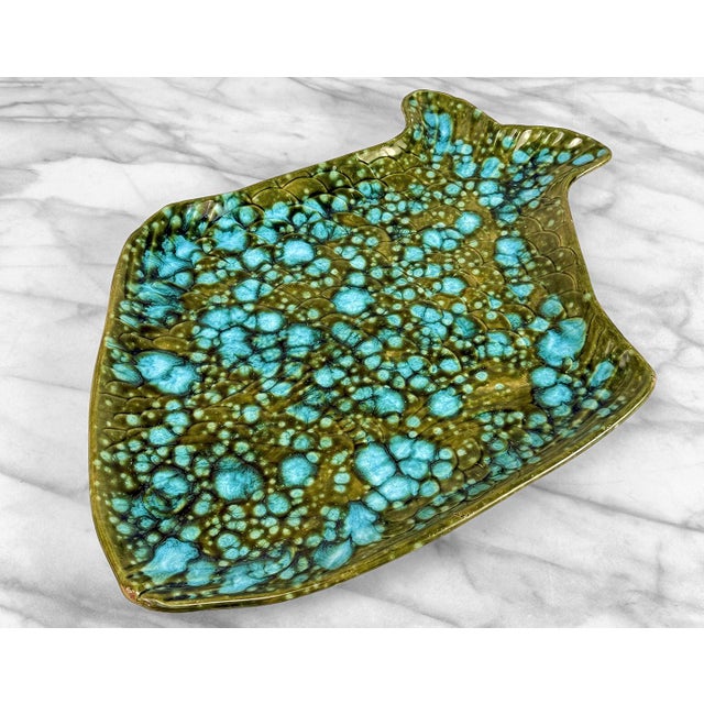 Mid-Century 17" California Pottery Green & Blue Drip Glazed Fish Serving Platter For Sale - Image 4 of 11