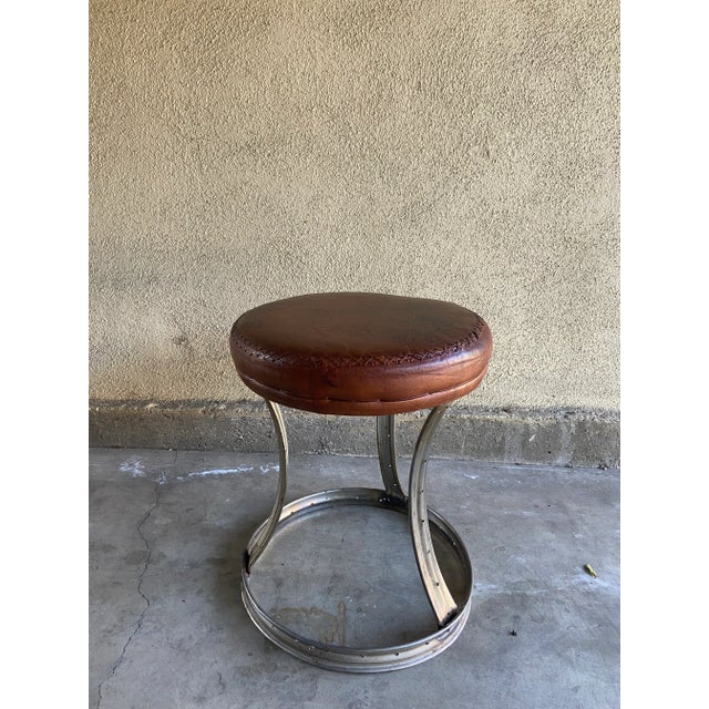 Industrial Industrial Leather and Steel Stool For Sale - Image 3 of 12
