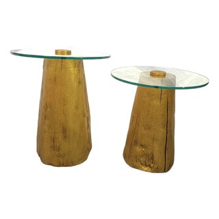 1980's Modern Tree Trunk Tables With Glass Tops and Gold Finish - A Pair For Sale