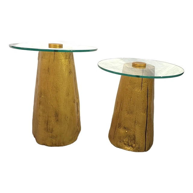 1980's Modern Tree Trunk Tables With Glass Tops and Gold Finish - A Pair For Sale