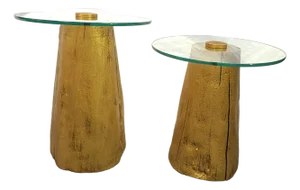 1980's Modern Tree Trunk Tables With Glass Tops and Gold Finish - A Pair