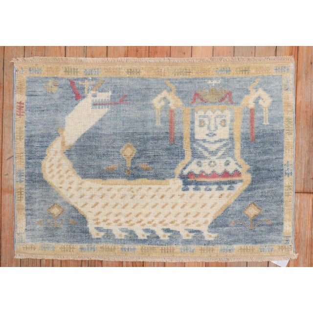 Zabihi Collection Vintage Soft Blue Pictorial Turkish Rug - 1'9" x 2'7" For Sale In New York - Image 6 of 7