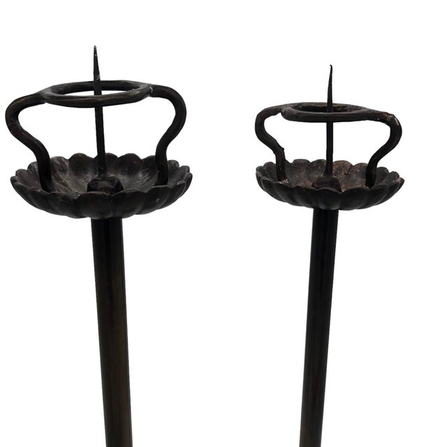 Japanese Lotus Candle Holders - Vintage Japanese Style Bronze - Set of 2. For Sale - Image 3 of 7