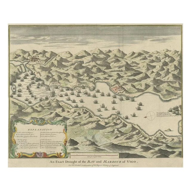Antique print titled 'an exact draught of the bay and harbour of vigo'. The battle of vigo bay was an engagement that saw...
