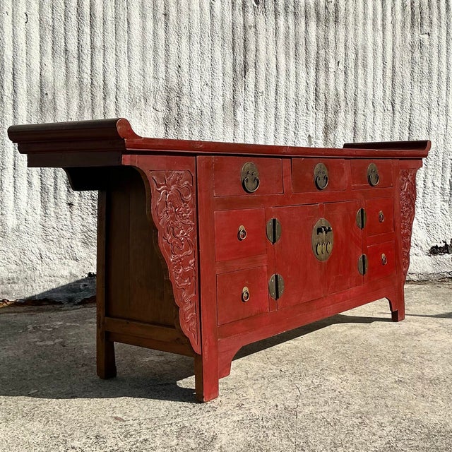 Brick Red Vintage Asian Reclaimed Wood Pagoda Credenza For Sale - Image 8 of 10