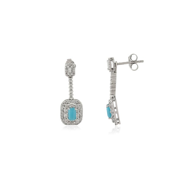 Art Deco Convertible Turquoise & Diamond Halo Drop Earrings in 14k White Gold- 2 Pieces For Sale - Image 4 of 14