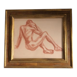 Original Vintage Art Deco Sepia Male Nude Study Drawing Burled Wood Frame 1940’s For Sale