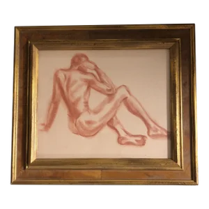 Original Vintage Art Deco Sepia Male Nude Study Drawing Burled Wood Frame 1940’s