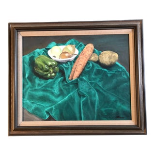 Vintage Original Still Life Vegetables on Turquoise Cloth 1970’s For Sale