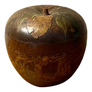 Antique 19th Century Victorian Decoupage Carved Mahogany Apple Form Tea Caddy Box