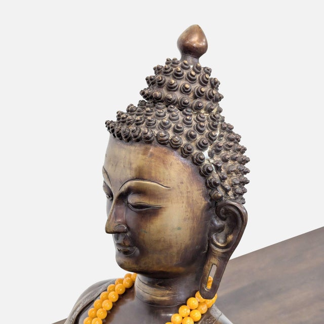Vintage Bronze Sitting Buddha Sculpture With Yellow Bead Necklace For Sale In San Francisco - Image 6 of 8