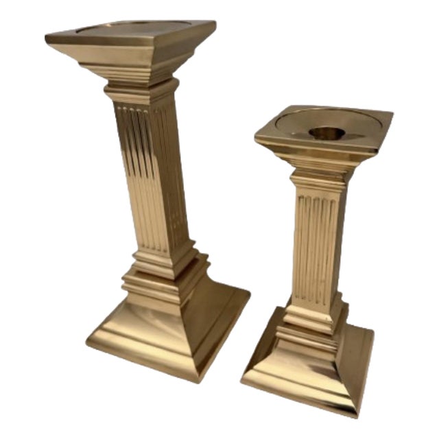 20th Century MCM Polished Brass Candle Holders - A Pair For Sale