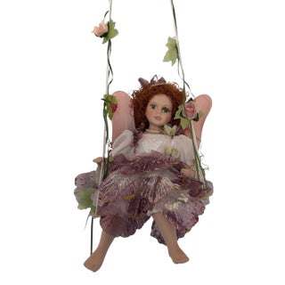 Cathay Porcelain Doll on Swing - Red Curly Hair & Green Eyes - 16" For Sale