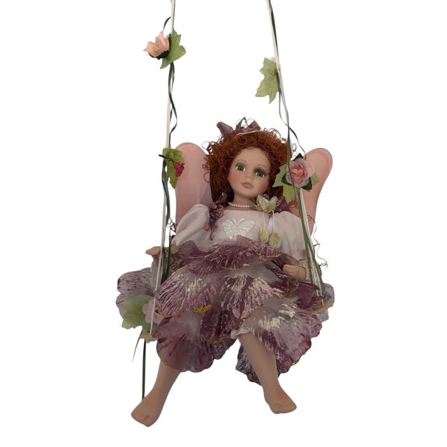 Cathay Porcelain Doll on Swing - Red Curly Hair & Green Eyes - 16" For Sale