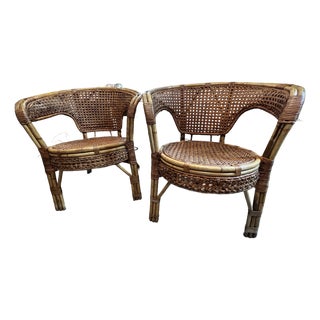 Mid-Century Bohemian Rattan & Wicker Barrel Chairs - A Pair For Sale
