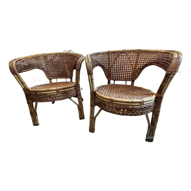 Mid-Century Bohemian Rattan & Wicker Barrel Chairs - A Pair For Sale