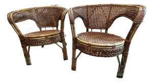 Mid-Century Bohemian Rattan & Wicker Barrel Chairs - A Pair