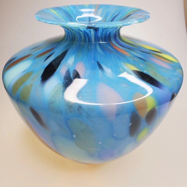 Traditional Vintage Murano Style Art Glass Blue Blown Vase For Sale - Image 3 of 7