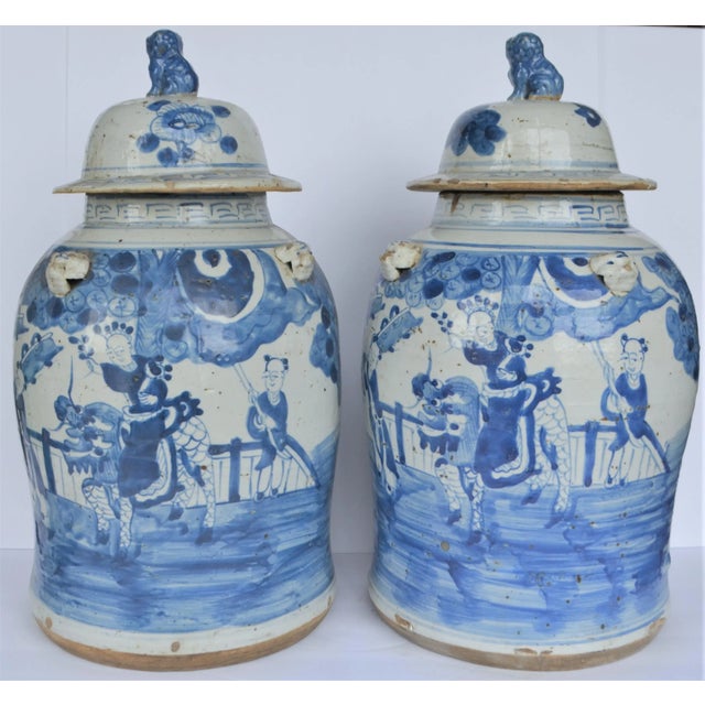 Vintage Chinoiserie White & Blue Children & Qulin Ginger Jar - a Pair For Sale - Image 4 of 9