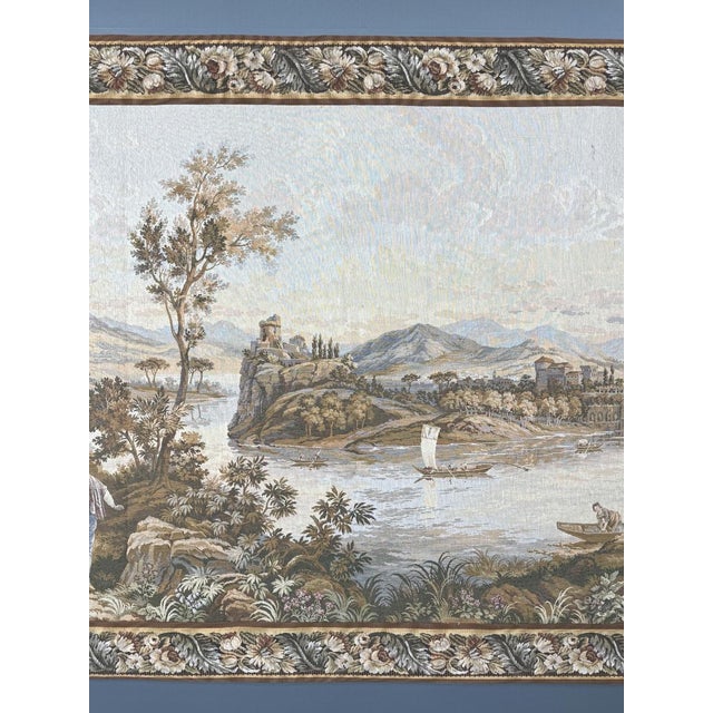 Large Gobelins-style wall tapestry depicting a lively landscape in the 18th-century style. The central scene illustrates a...