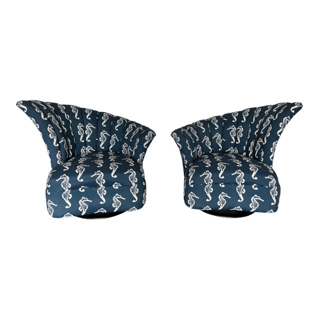 1970s Beach House Seahorse Fabric Covered Fan Back Lounge Chairs - a Pair For Sale