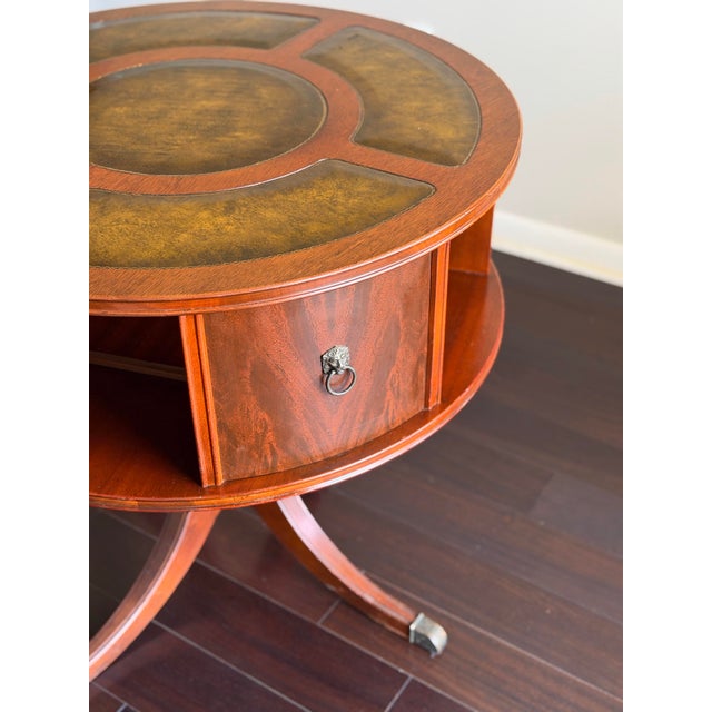 Vintage Mahogany Revolving Drum Library Table With Leather Top Duncan Phyfe Style Rotating Bookcase End Table For Sale In Los Angeles - Image 6 of 12