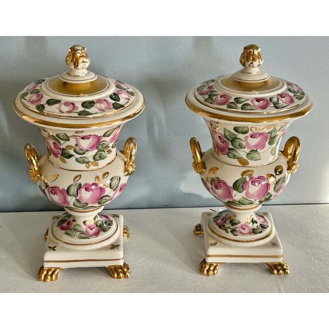 Vtg. Pair of Italian Charleston Line Porcelain Lidded Lamp W/Roses For Sale In Philadelphia - Image 6 of 13