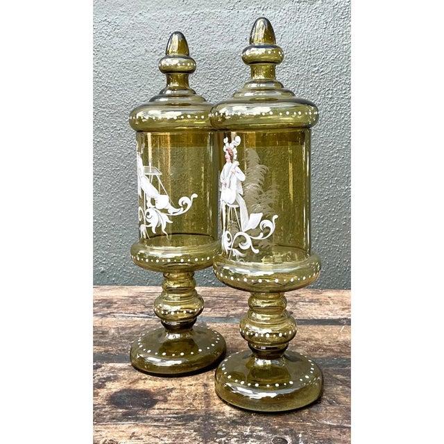 Glass Vintage Hand-Painted Dandy Glass Apothecary Jars - Pair For Sale - Image 7 of 13