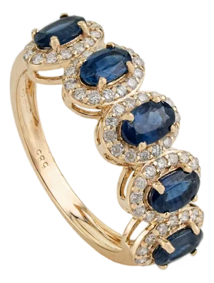 Modern Deep Blue Sapphire & Diamond Halo Half Eternity Ring Size 7 in 14k Gold