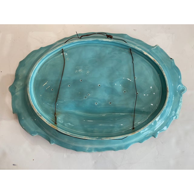 Rare 19th Century French Sarreguemines Majolica "The Hunt of the Wolves" Barbotine Platter, Rare Turquoise Color. For Sale - Image 12 of 17