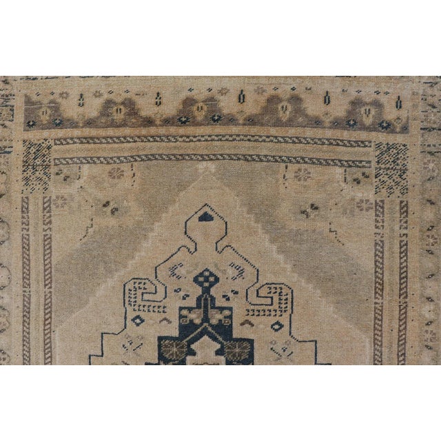 Vintage Turkish Oushak Rug With Beige and Navy Blue Geometric Medallion 3'5 X 5'2 For Sale - Image 9 of 10